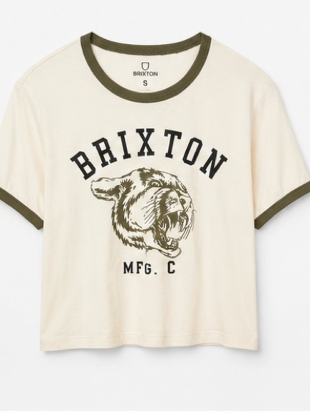 Brixton Varsity Cat Crop Ringer Tee Dove Olive Green Graphic T-Shirt Size Small